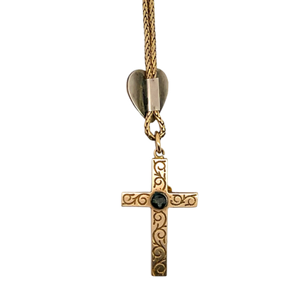 Victorian 14KY gold, garnet and turquoise mourning cross pendant with chain