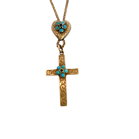 Victorian 14KY gold, garnet and turquoise mourning cross pendant with chain