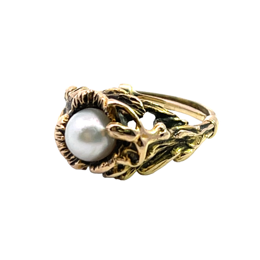 Brutalist 14Ky gold and Akoya Pearl ring