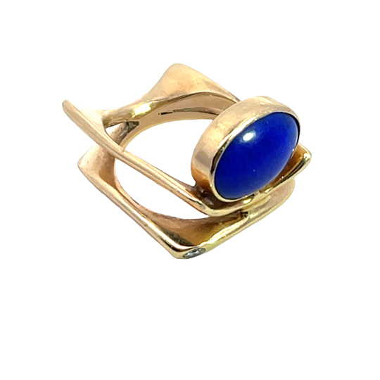 Modern 14KY gold, lapis lazuli and natural diamond ring