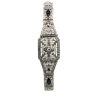 Art Deco, 10K white gold, and Lab Grown sapphire filigree link bracelet