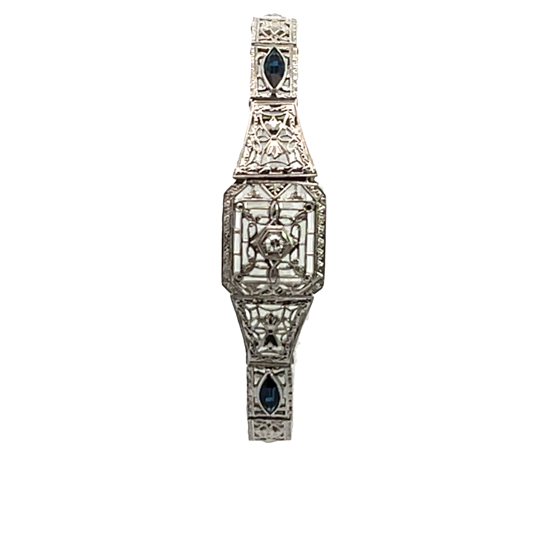 Art Deco, 10K white gold, and Lab Grown sapphire filigree link bracelet