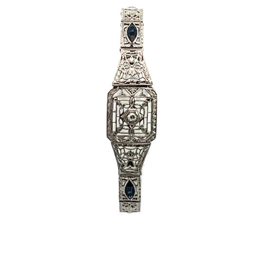 Art Deco, 10K white gold, and Lab Grown sapphire filigree link bracelet