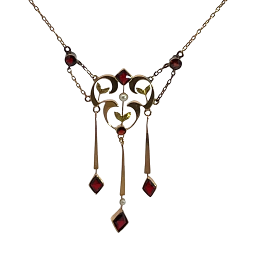 Victorian 14KY gold, pearl and garnet lavaliere