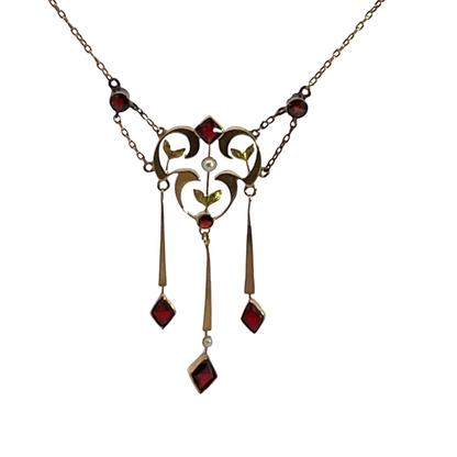 Victorian 14KY gold, pearl and garnet lavaliere