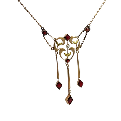 Victorian 14KY gold, pearl and garnet lavaliere