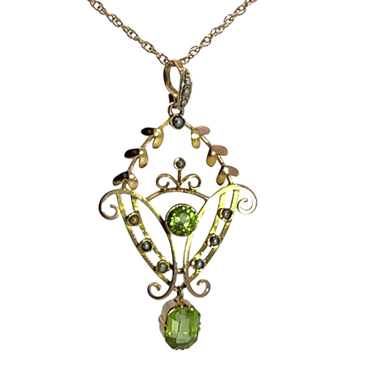 Victorian 14KY gold, 10KY gold, peridot and seed pearl lavaliere