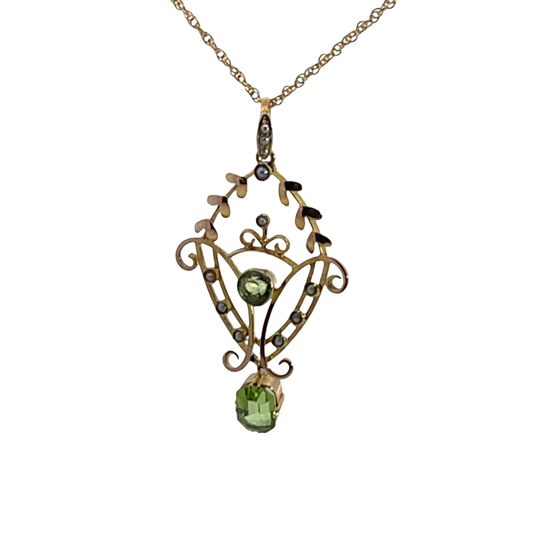 Victorian 14KY gold, 10KY gold, peridot and seed pearl lavaliere