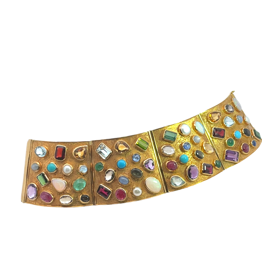 Modern 18KY, 14KY and 57 gemstone tapered cuff bracelet