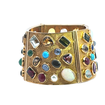 Modern 18KY, 14KY and 57 gemstone tapered cuff bracelet