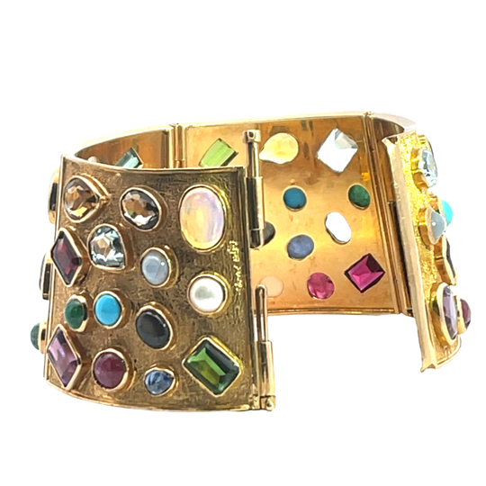 Modern 18KY, 14KY and 57 gemstone tapered cuff bracelet