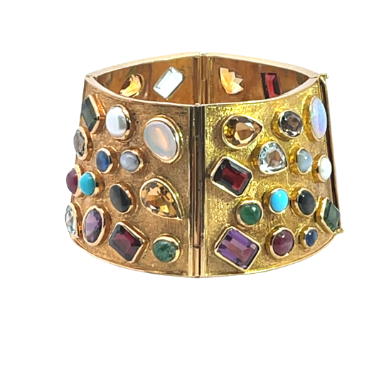 Modern 18KY, 14KY and 57 gemstone tapered cuff bracelet