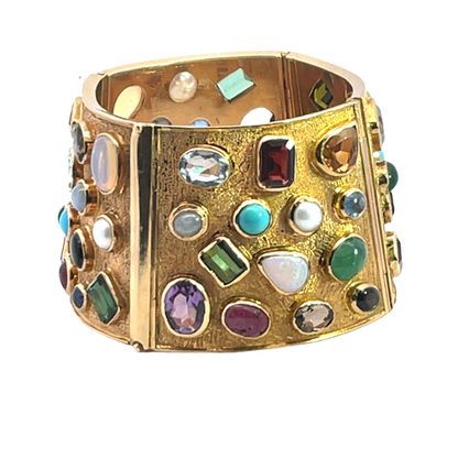 Modern 18KY, 14KY and 57 gemstone tapered cuff bracelet