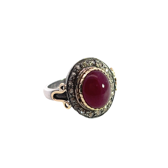 Modern Vintage style sterling silver, 14KY gold and ruby cabochon ring