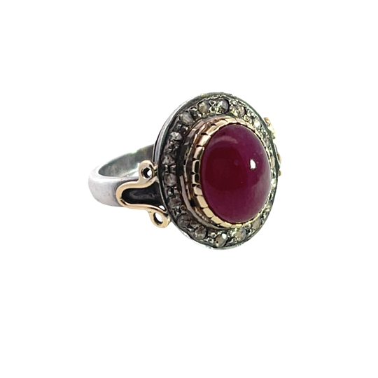 Modern Vintage style sterling silver, 14KY gold and ruby cabochon ring
