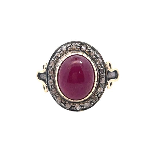 Modern Vintage style sterling silver, 14KY gold and ruby cabochon ring