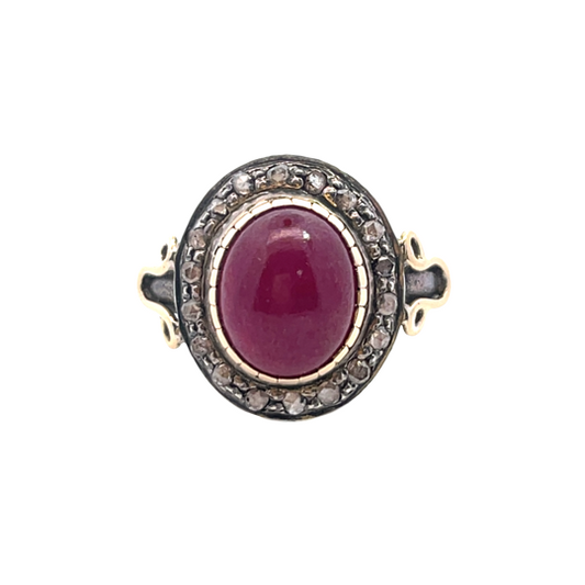 Modern Vintage style sterling silver, 14KY gold and ruby cabochon ring