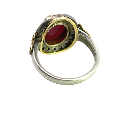 Modern Vintage style sterling silver, 14KY gold and ruby cabochon ring