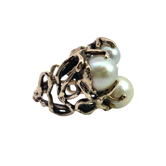 Brutalist 14KY gold and cultured pearl Arthur King ring