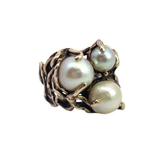 Brutalist 14KY gold and cultured pearl Arthur King ring