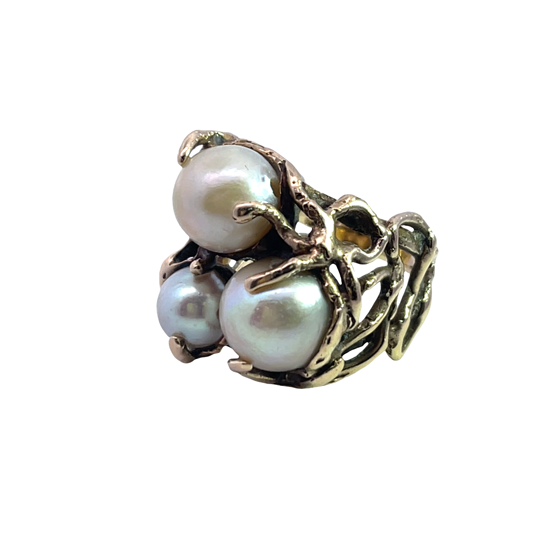 Brutalist 14KY gold and cultured pearl Arthur King ring