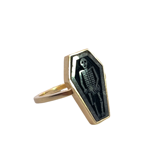 Modern 14KY gold and laser engraved black diamond sarcophagus ring