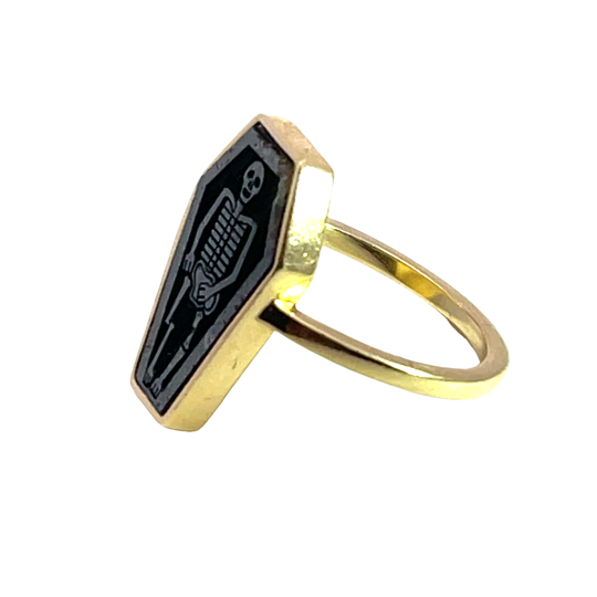 Modern 14KY gold and laser engraved black diamond sarcophagus ring