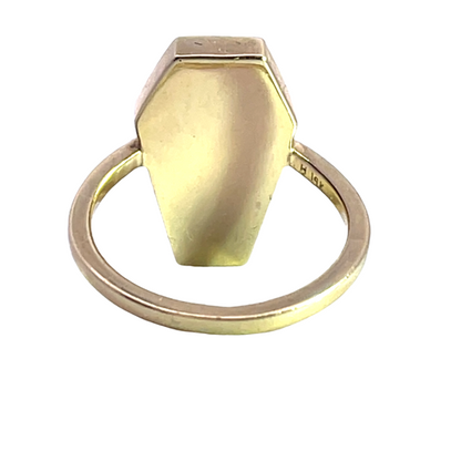 Modern 14KY gold and laser engraved black diamond sarcophagus ring