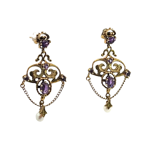 Victorian 14KY gold, amethyst and pearl chandelier style post earrings