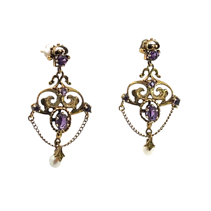 Victorian 14KY gold, amethyst and pearl chandelier style post earrings