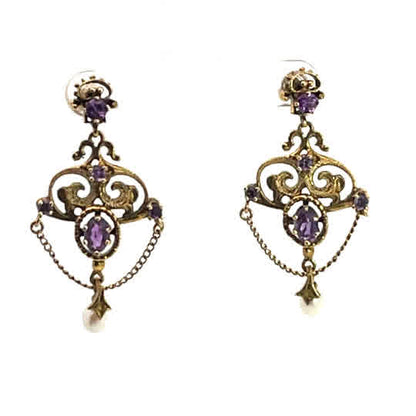 Victorian 14KY gold, amethyst and pearl chandelier style post earrings
