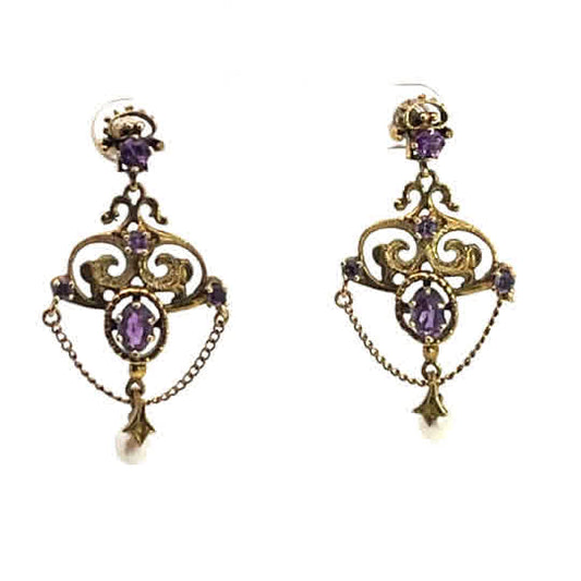 Victorian 14KY gold, amethyst and pearl chandelier style post earrings