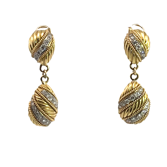 Modern 18KY and white gold braided diamond drop omega back earrings