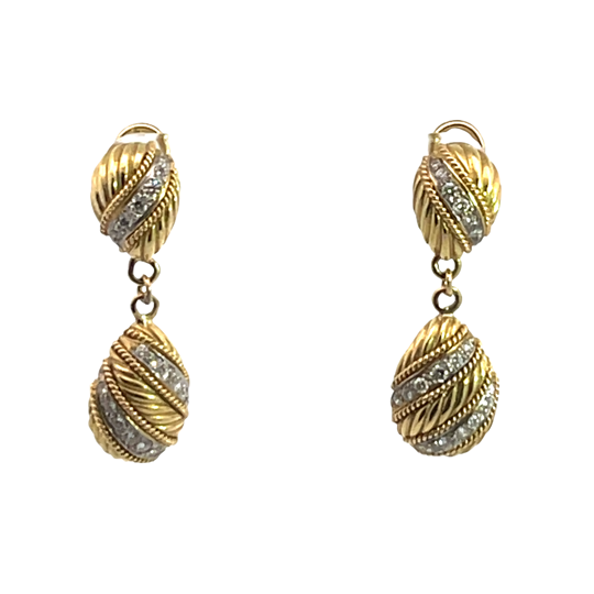 Modern 18KY and white gold braided diamond drop omega back earrings