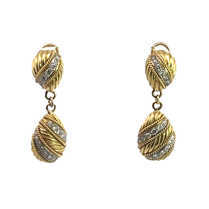 Modern 18KY and white gold braided diamond drop omega back earrings