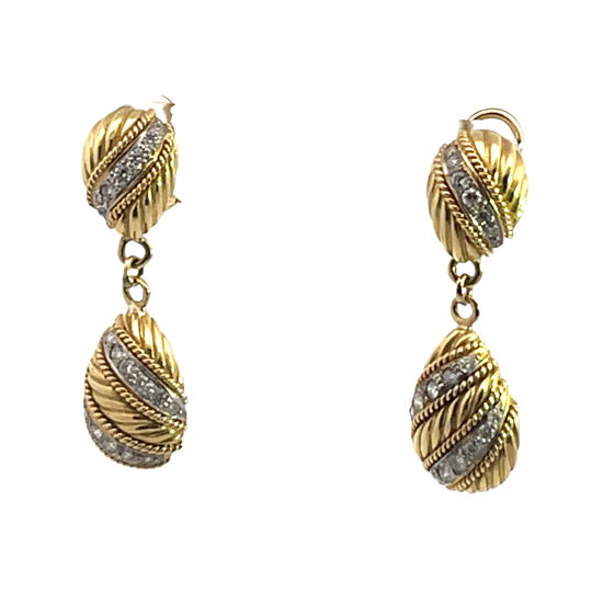 Modern 18KY and white gold braided diamond drop omega back earrings