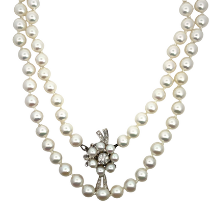 Mid-century Modern 14K white gold, diamond, and Japanese salt water cultured Akoya pearl necklace