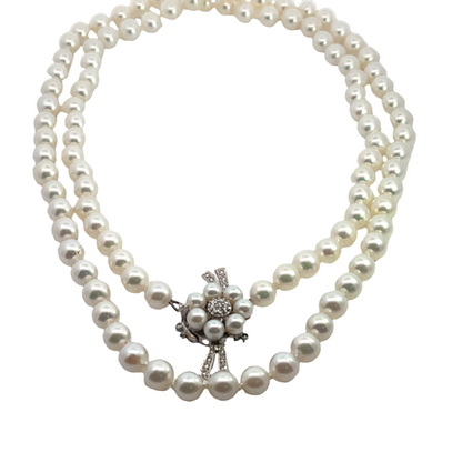 Mid-century Modern 14K white gold, diamond, and Japanese salt water cultured Akoya pearl necklace