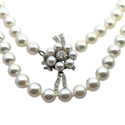 Mid-century Modern 14K white gold, diamond, and Japanese salt water cultured Akoya pearl necklace