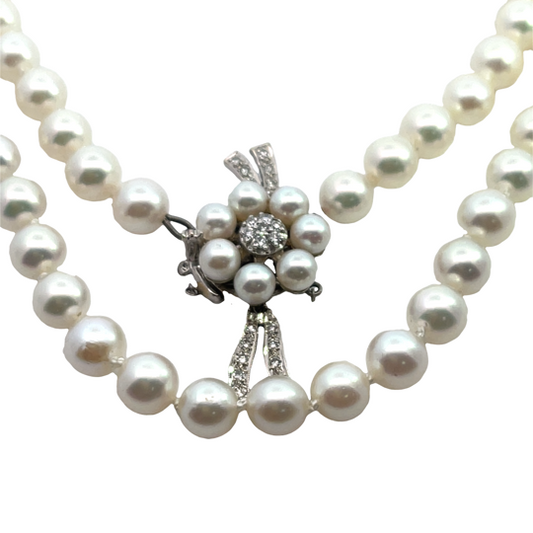 Mid-century Modern 14K white gold, diamond, and Japanese salt water cultured Akoya pearl necklace