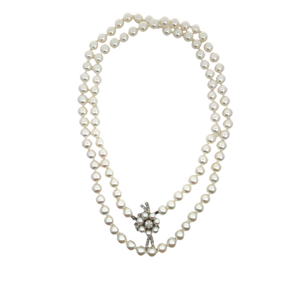 Mid-century Modern 14K white gold, diamond, and Japanese salt water cultured Akoya pearl necklace