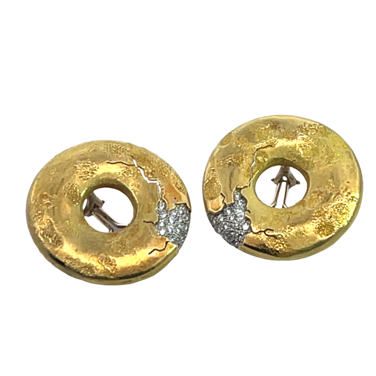 Modern 18KY and white gold and diamond Yves Kamioner 'donut style' omega back earrings