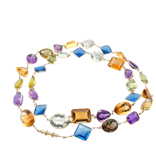 Modern 18KY gold multi-gemstone long necklace