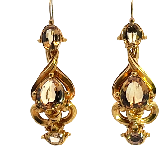 Late Georgian 18KY gold and faceted Topaz drop earrings with shepherd's hooks