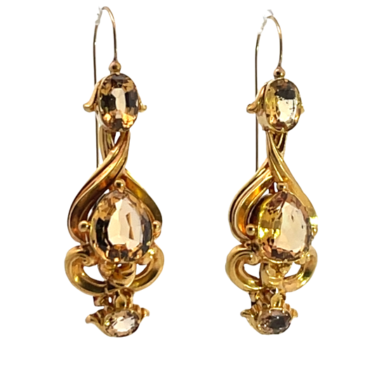 Late Georgian 18KY gold and faceted Topaz drop earrings with shepherd's hooks