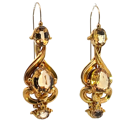Late Georgian 18KY gold and faceted citrine drop earrings with shepherd's hooks