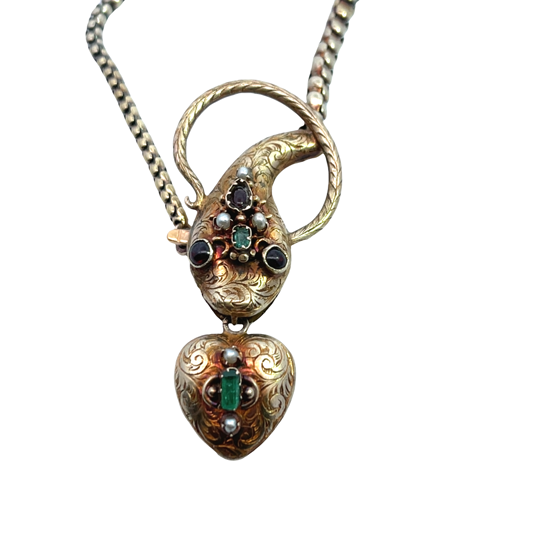 Victorian 18KY gold, emerald, garnet and pearl snake