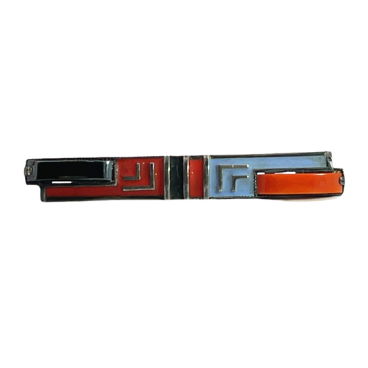 Arts and Crafts sterling silver, coral, onyx and enamel Theodore Farner pin