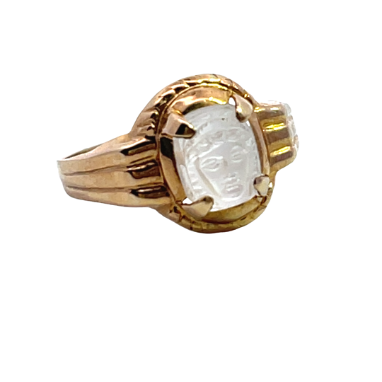 Victorian 10KY gold, carved moonstone, Ostby and Barton ring