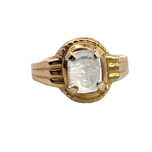 Victorian 10KY gold, carved moonstone, Ostby and Barton ring